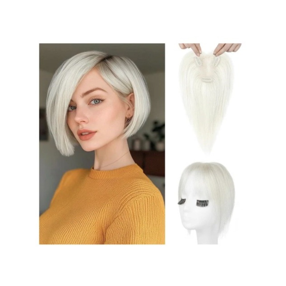 REECHO Human Hair Topper Platinum Blonde 10in High Density Clip In Wiglet